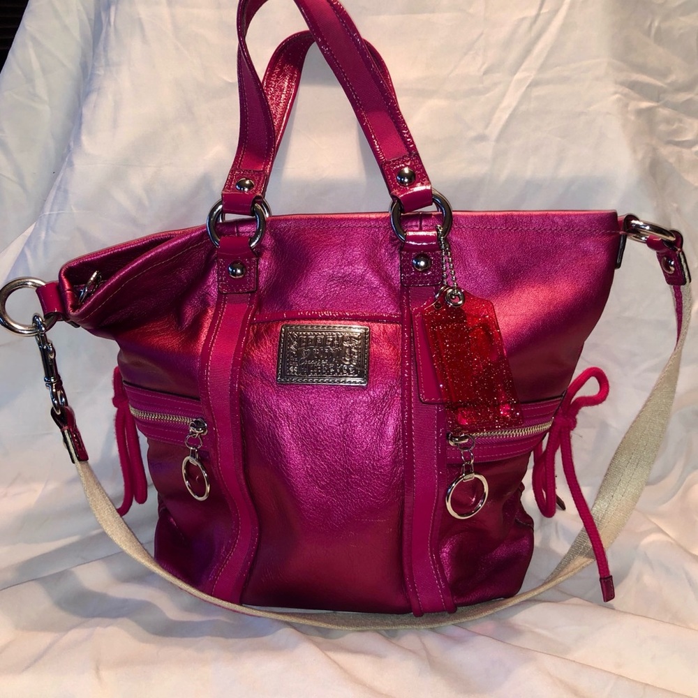 COACH Poppy Hot Pink Metallic Leather Satchel